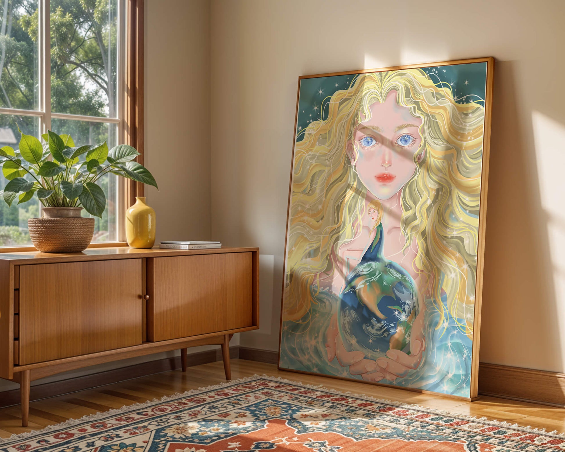 Fantasy artwork of woman holding earth with shimmering details
