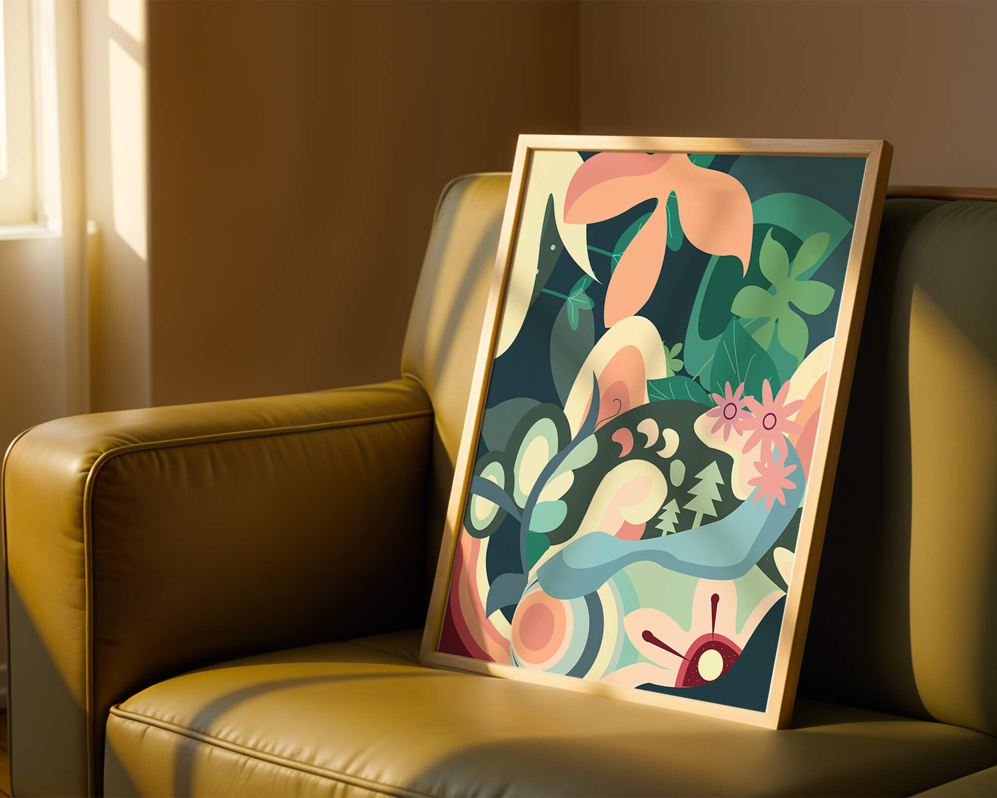 Abstract floral illustration with pastel colors and nature elements