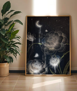 Fleur nocturne avec floraisons au clair de lune et papillon illuminé