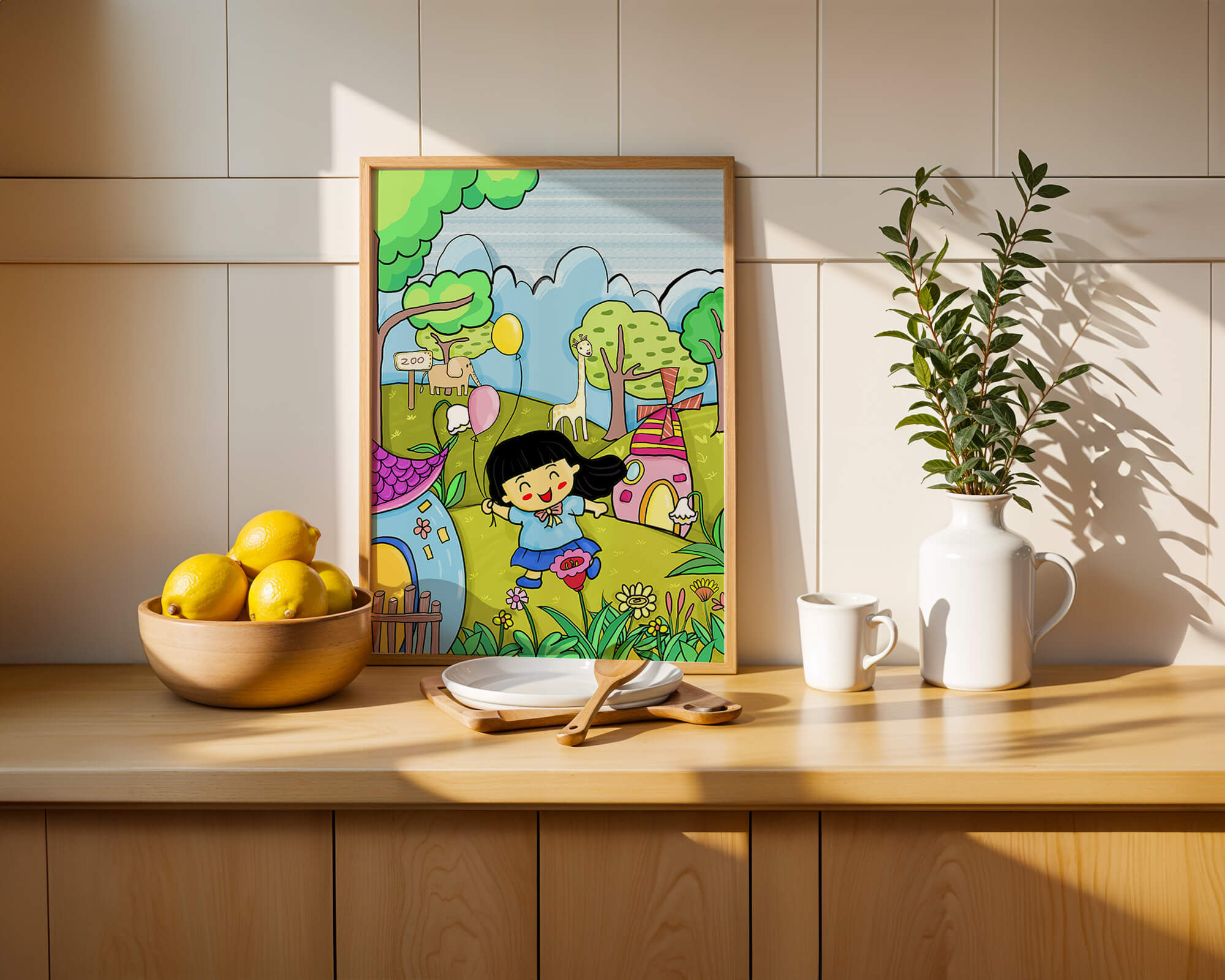 Colorful children's illustration of a joyful zoo visit with animals