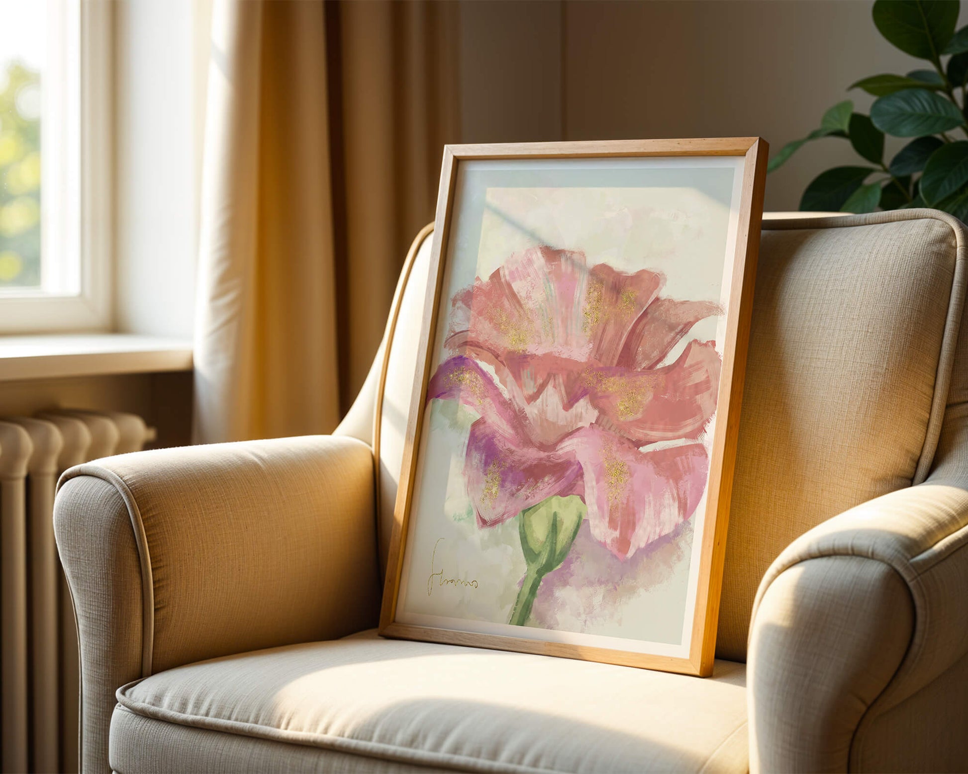 Beautiful pink flower painting with golden accents
