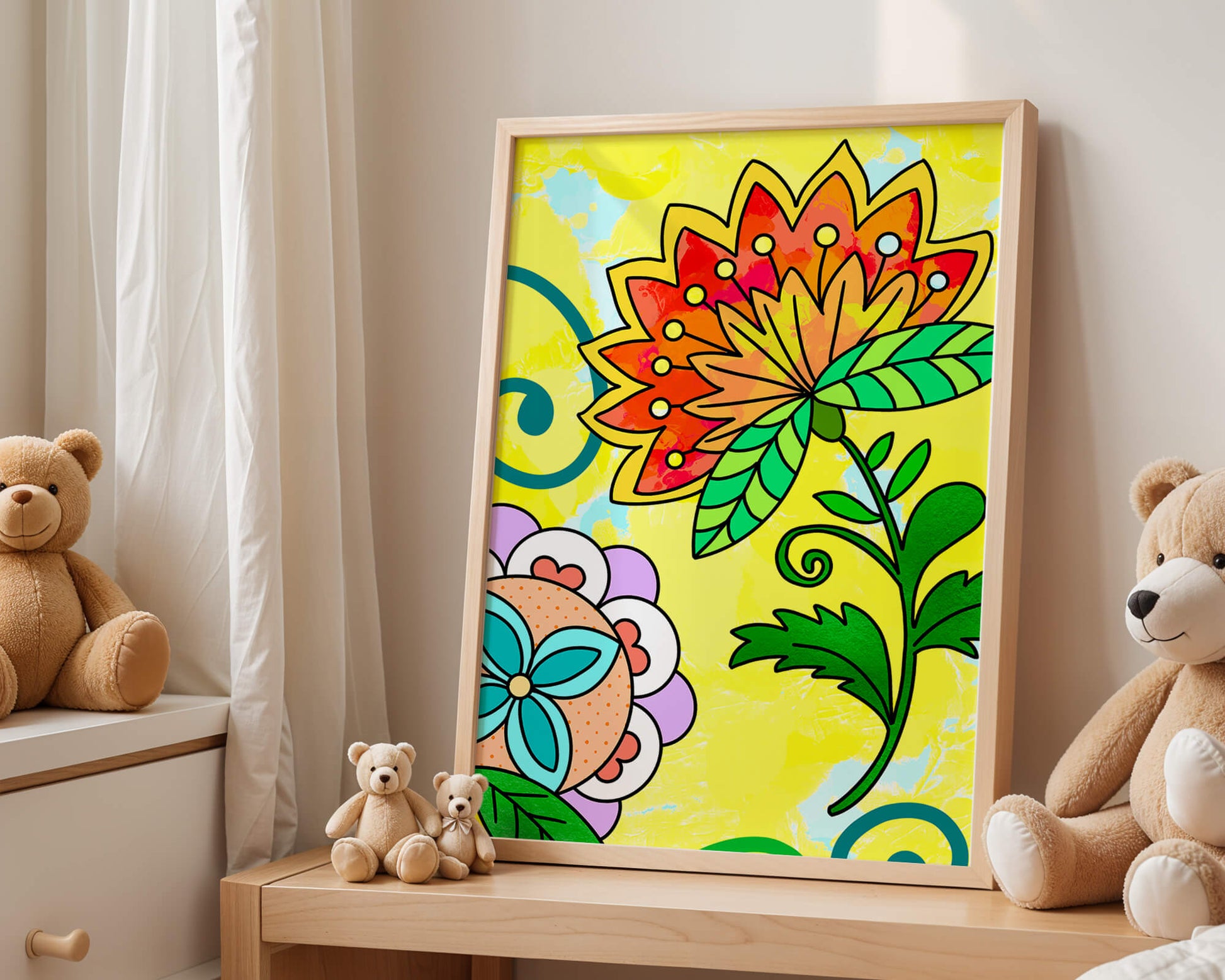 Colorful abstract floral illustration with bright yellow background
