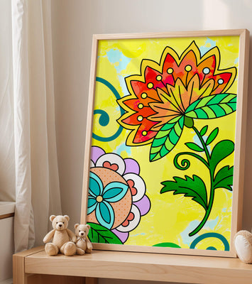 Colorful abstract floral illustration with bright yellow background