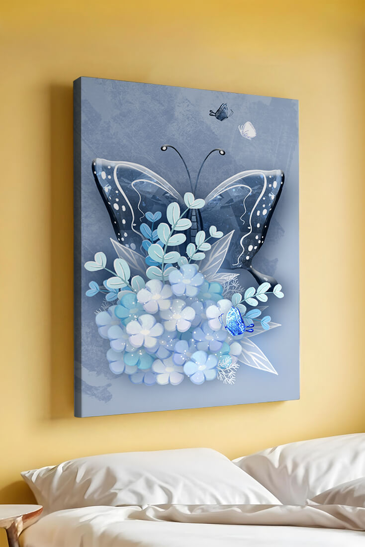 Floral and butterfly digital artwork in calming blue shades