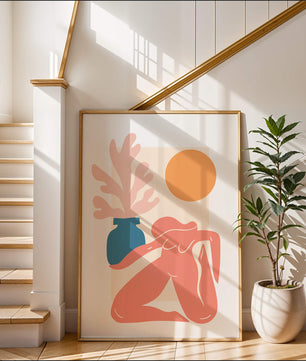 Figura desnuda abstracta con jarrón y sol en estilo minimalista