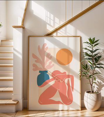Abstract Nude Figure with Vase and Sun in Minimalist Style