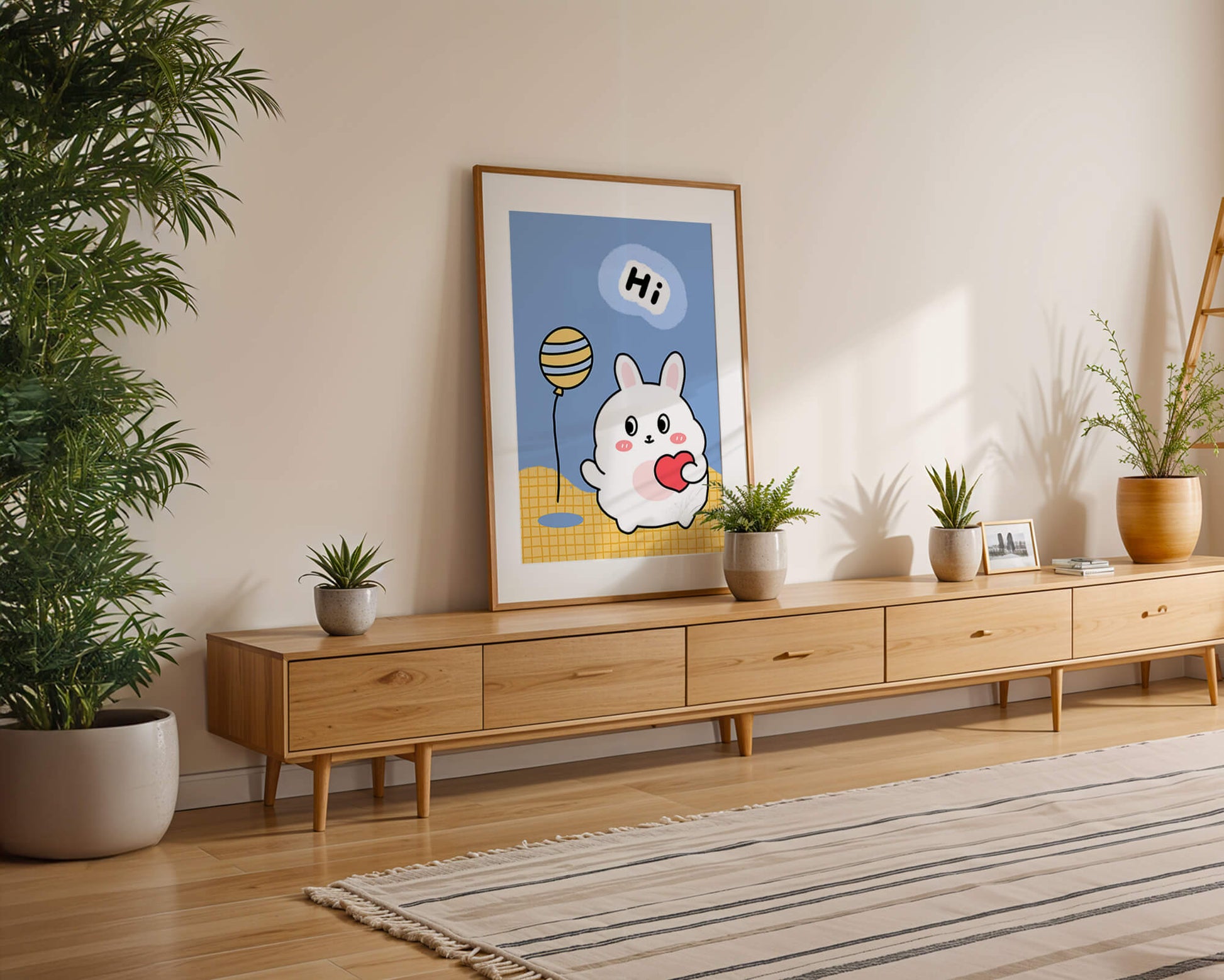 Adorable cartoon bunny with balloon and heart illustration