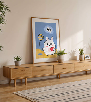 Adorable cartoon bunny with balloon and heart illustration