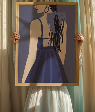 Stilvolle Illustration einer Frau mit gepunkteter Schleife und blauem Kleid