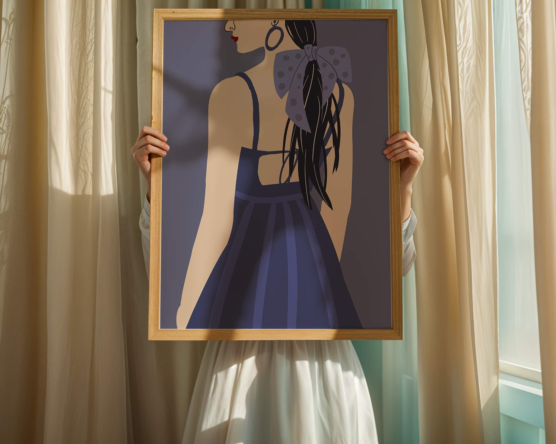 Stilvolle Illustration einer Frau mit gepunkteter Schleife und blauem Kleid