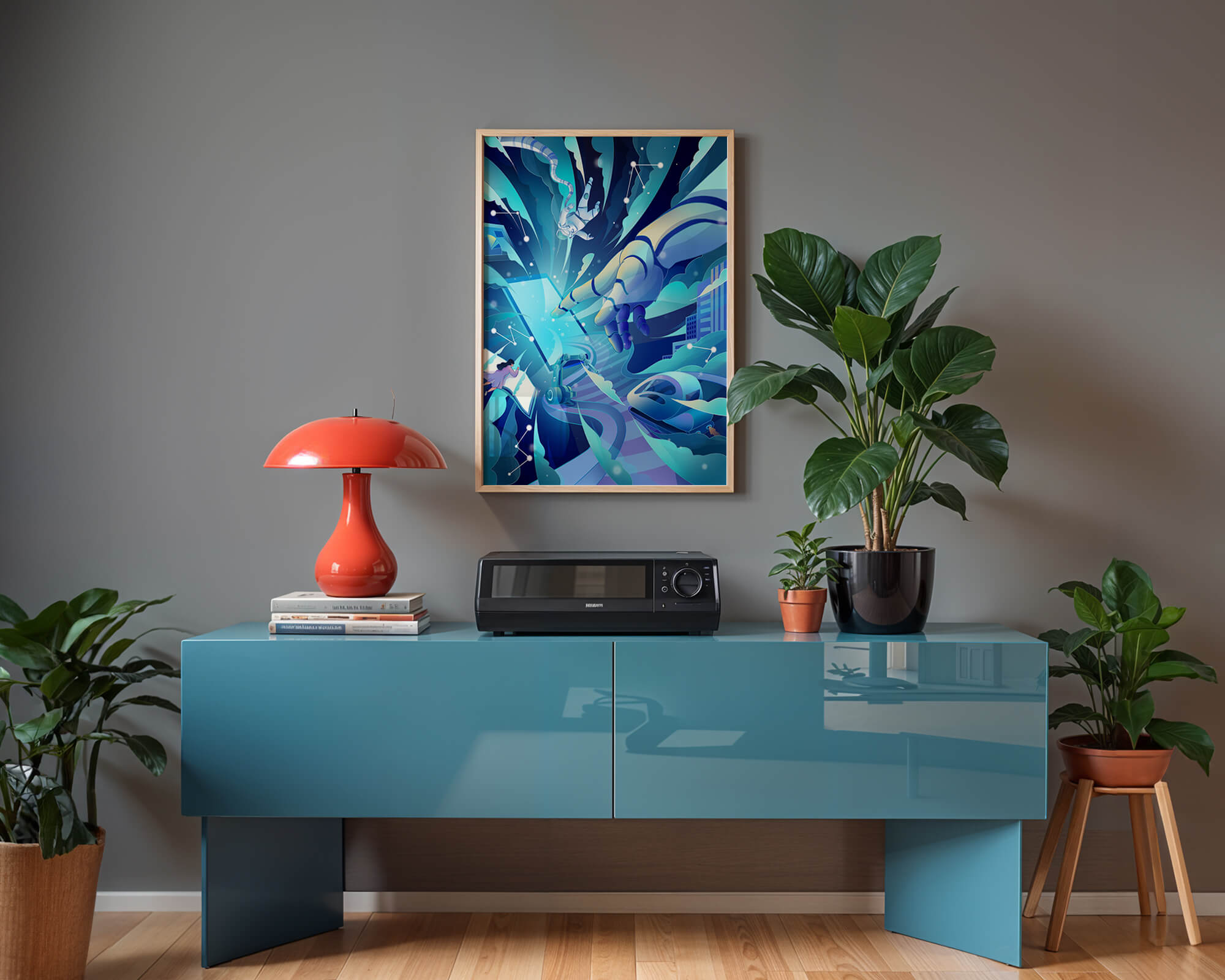 Futuristic digital artwork featuring astronaut and robotic hand in vibrant blue tones