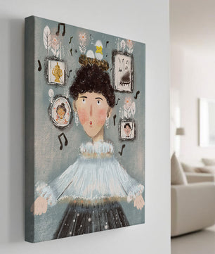 Retrato ilustrado caprichoso con elementos musicales y dorados