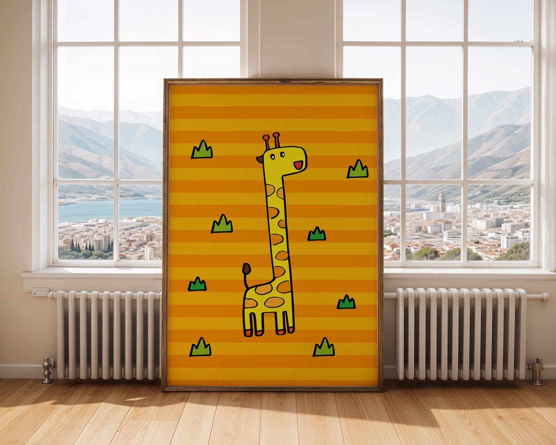 Bright cartoon giraffe illustration on a striped background