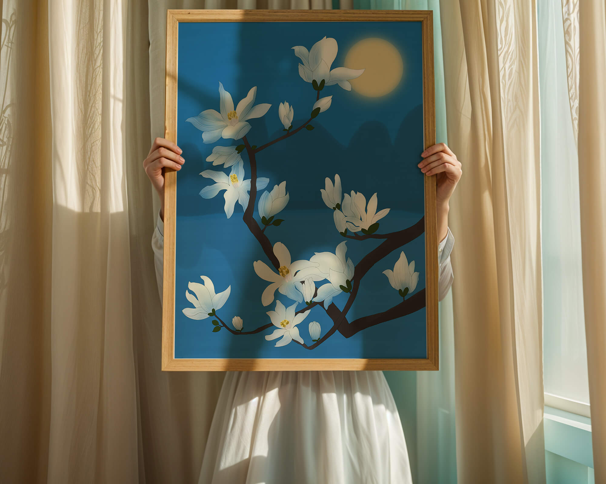 White magnolia branch under moonlight with blue background