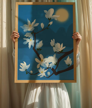 White magnolia branch under moonlight with blue background