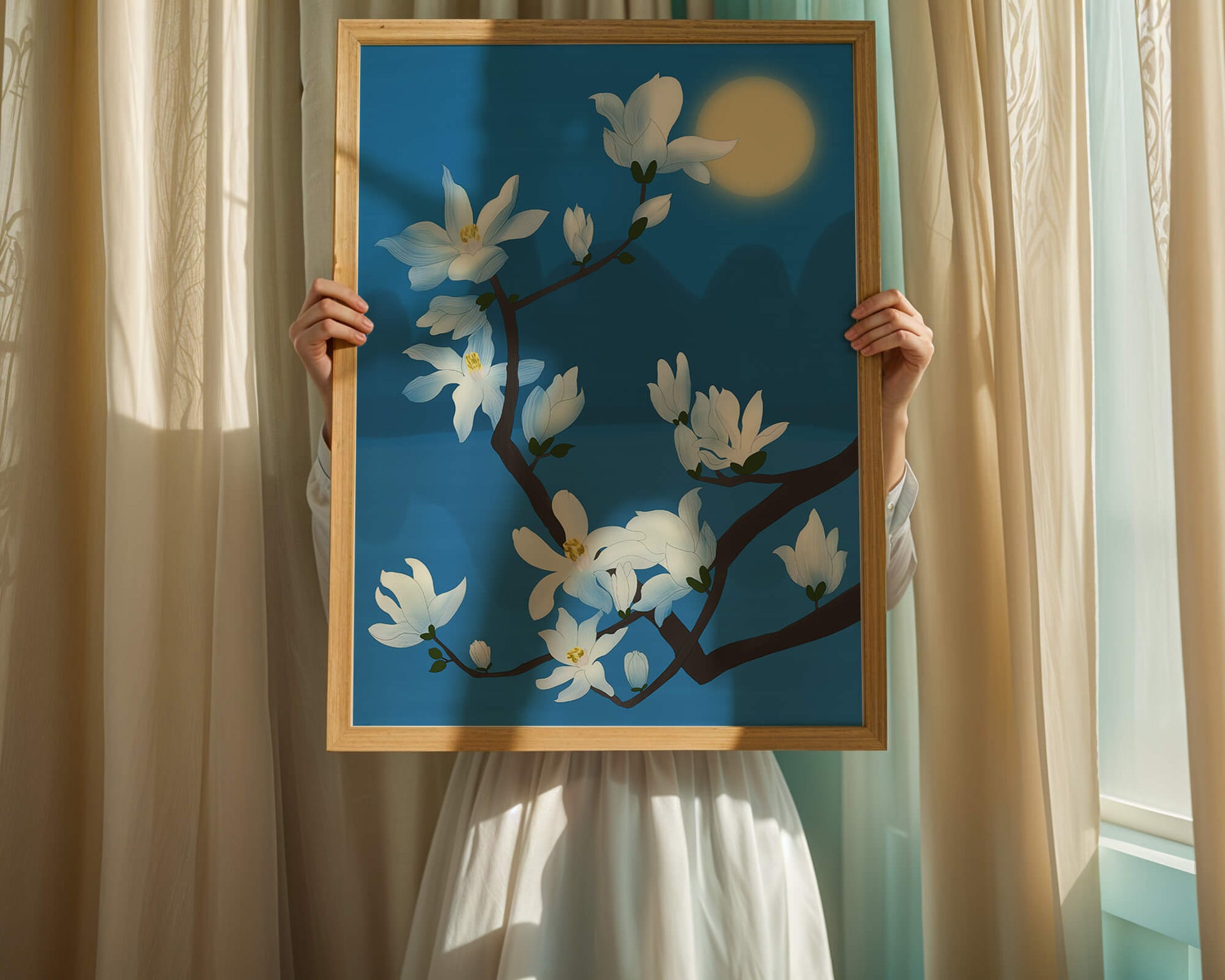 White magnolia branch under moonlight with blue background