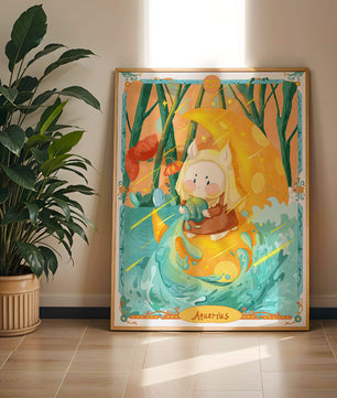 Aquarius zodiac illustration with whimsical character and vibrant colors