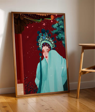 Traditional Asian art with elegant woman in traditional attire