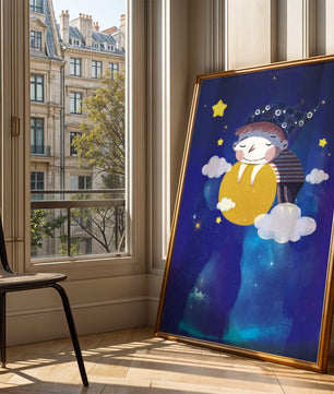 Scène nocturne onirique avec un enfant étreignant la lune