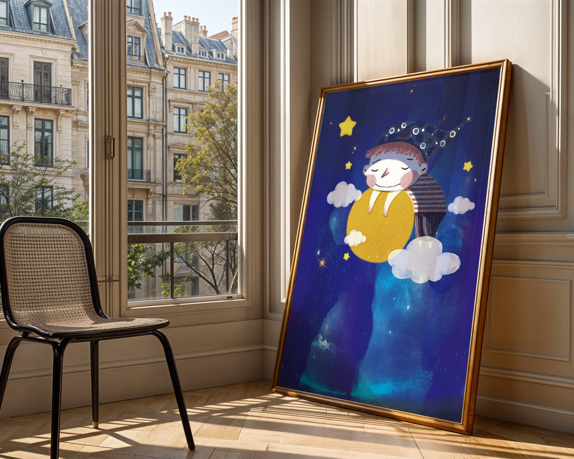 Dreamy Nighttime Scene with a Child Hugging the Moon