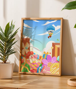 Colorful illustration with presents and children playing under a blue sky