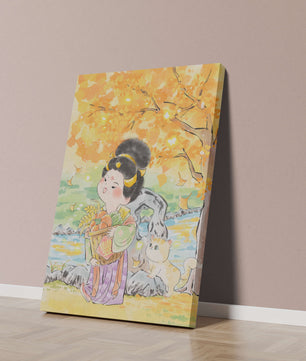 Charmante Aquarellszene eines Mädchens mit Korb in herbstlicher Umgebung