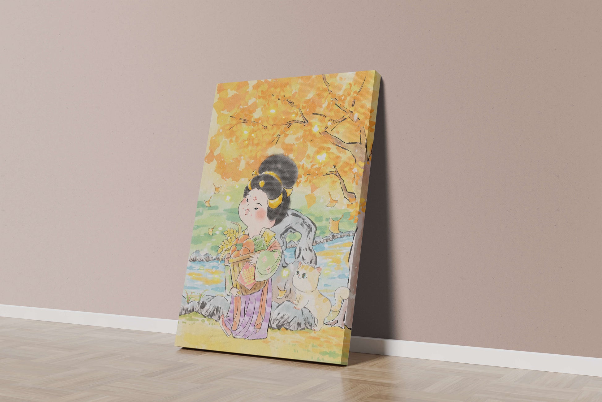 Charming watercolor scene of girl with basket in autumn setting