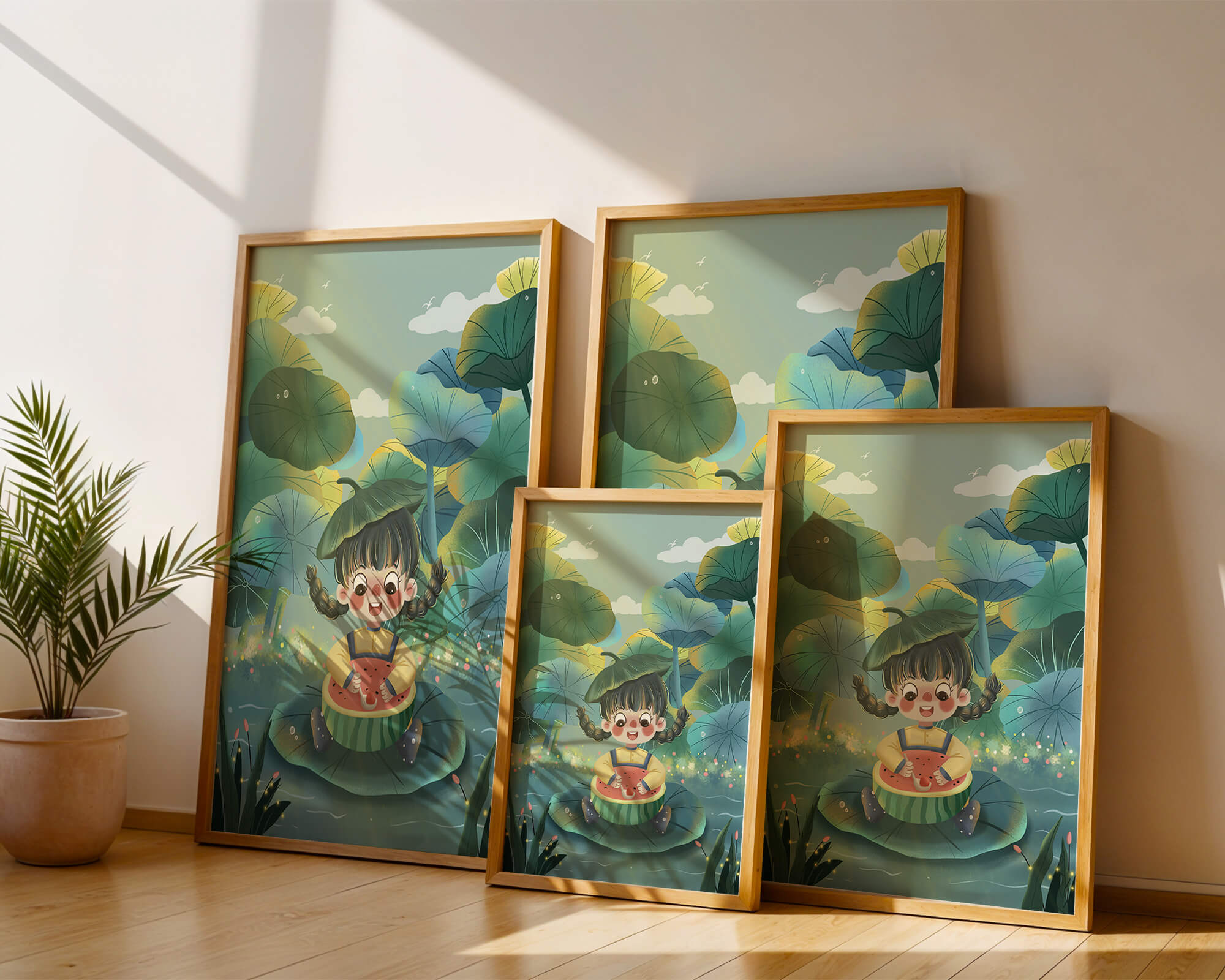 Charming illustration of a child enjoying watermelon amidst whimsical nature