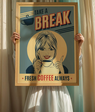 Retro Coffee Break Poster with Woman Holding a Cup - Mi tienda