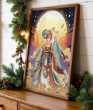 Elegant fantasy illustration with celestial elements and rabbit