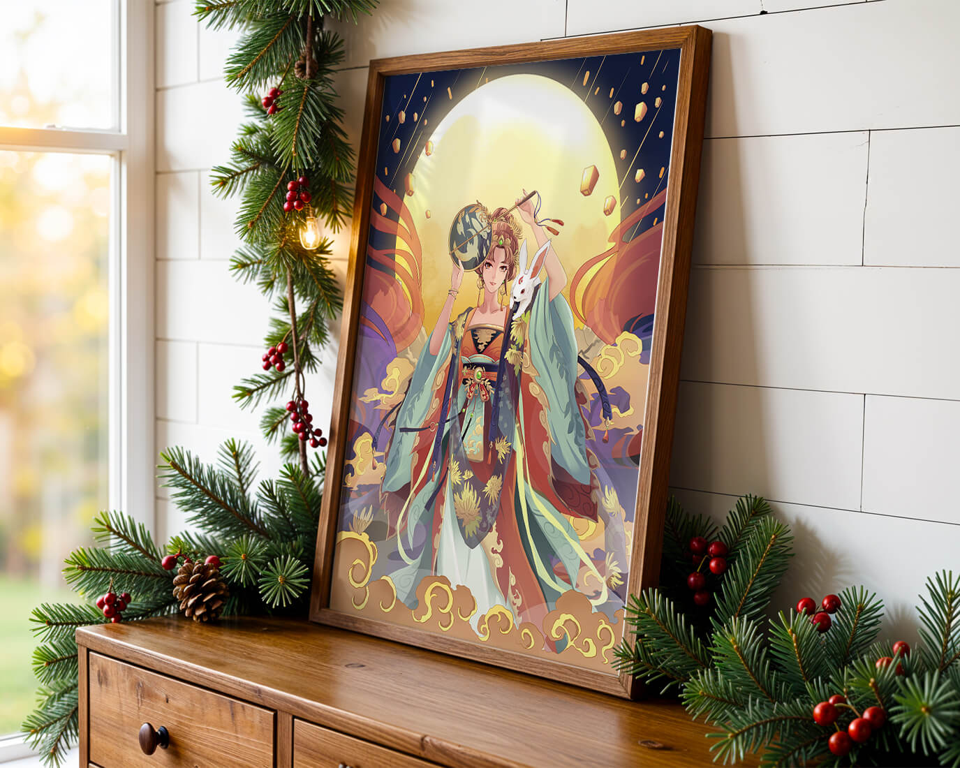 Elegant fantasy illustration with celestial elements and rabbit
