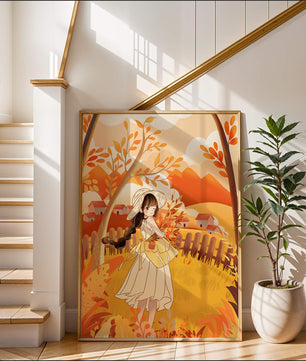 Illustration of a Girl in a Yellow Dress in Autumn Scenery