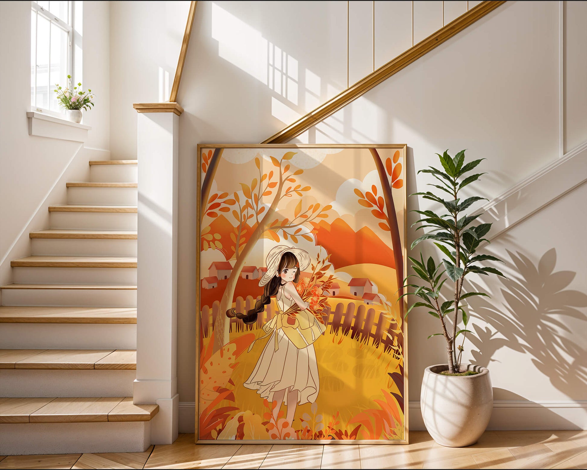 Illustration of a Girl in a Yellow Dress in Autumn Scenery