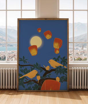 Lanterns and Birds Under the Night Sky