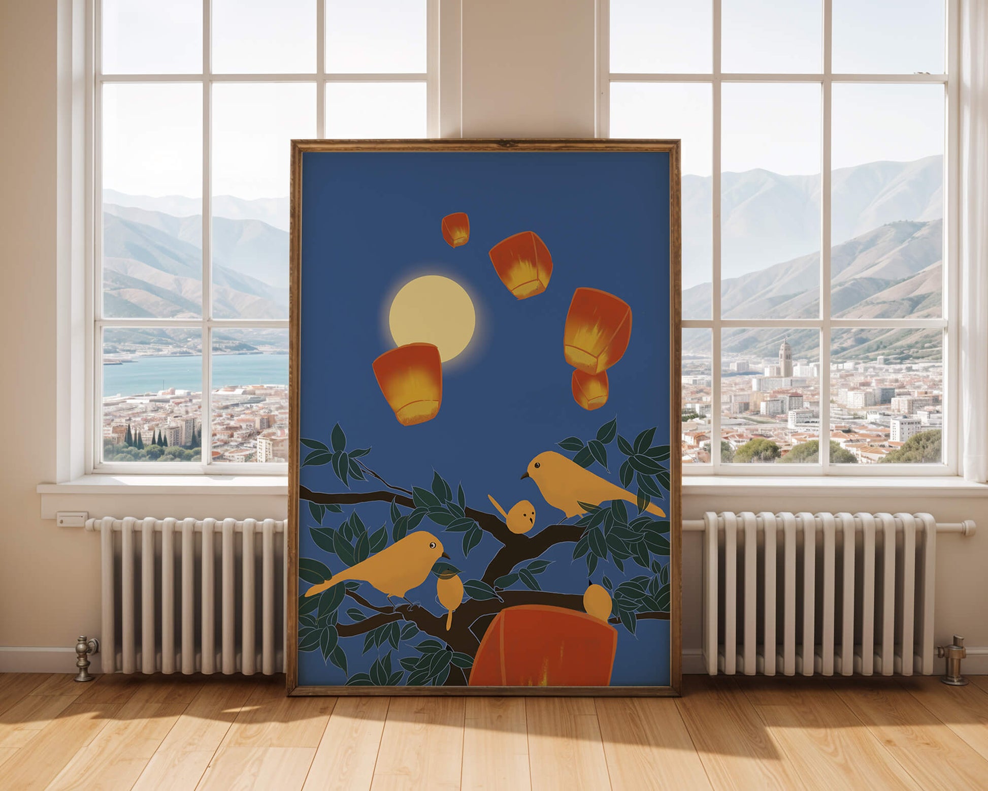 Lanterns and Birds Under the Night Sky
