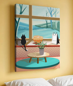 Cozy interior with a cat by the window and potted plants