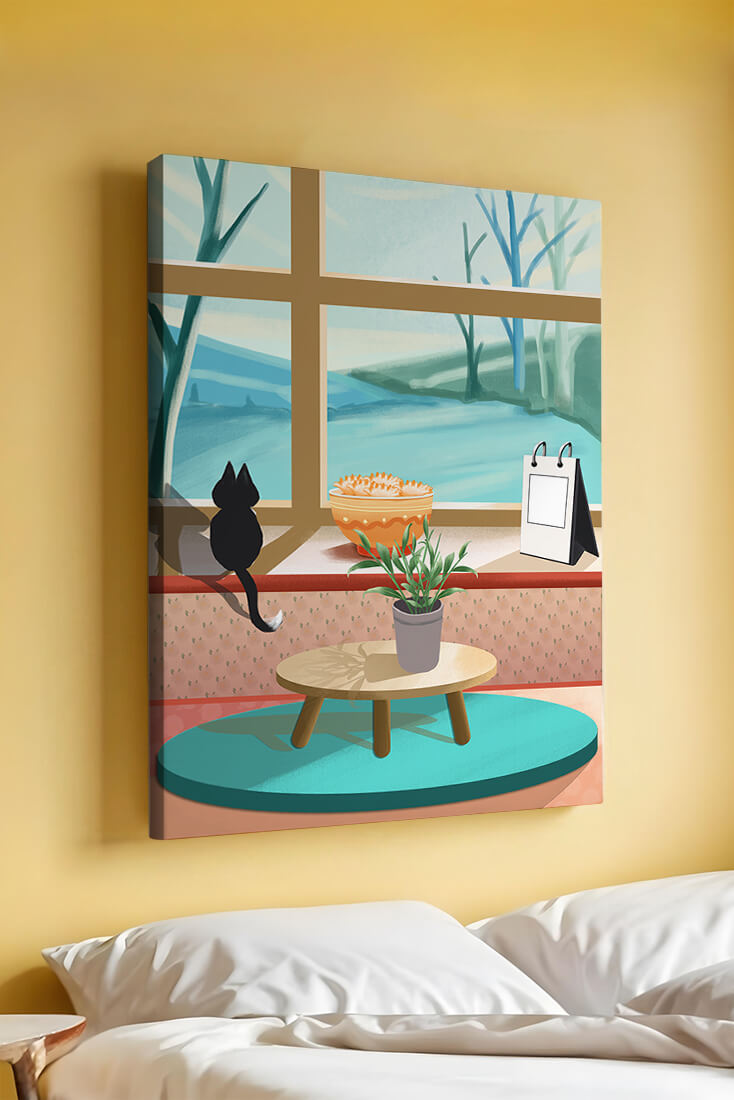 Cozy interior with a cat by the window and potted plants