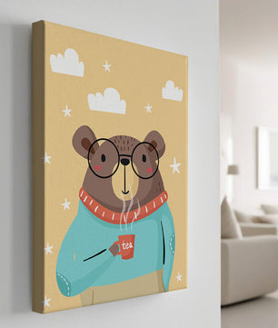 Illustration of a bear with glasses holding a tea cup against a starry background