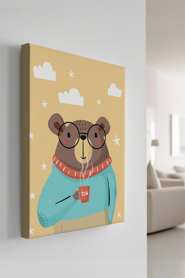 Illustration of a bear with glasses holding a tea cup against a starry background