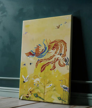 Oiseau mystique coloré avec des compagnons à plumes éclatantes dans un ciel vibrant
