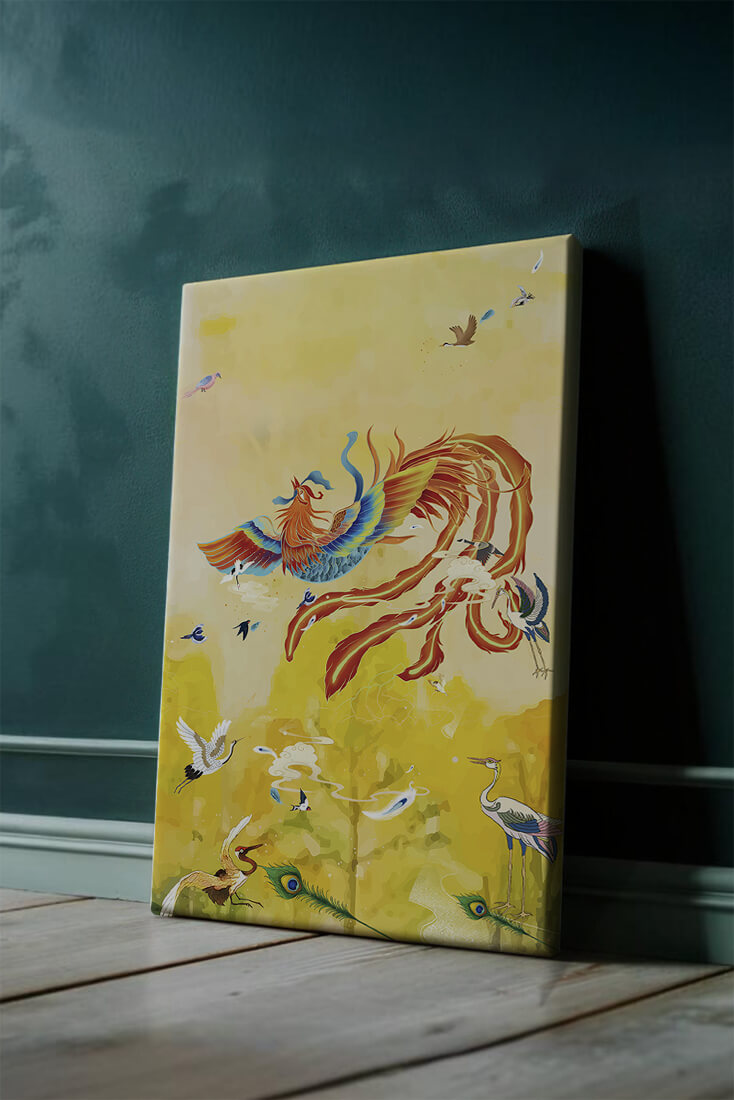 Colorful mystical bird with vivid feathered companions in a vibrant sky
