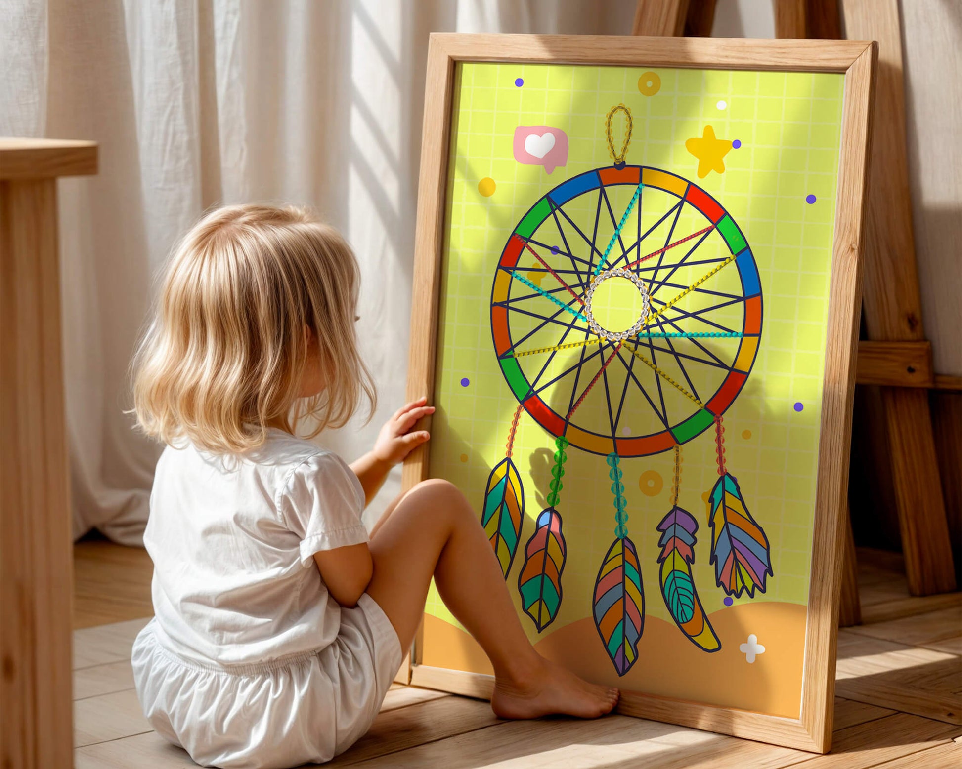 Colorful dreamcatcher on a vibrant yellow background
