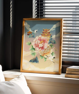 Elegant Asian Landscape With Pagoda, Cranes, and Peonies