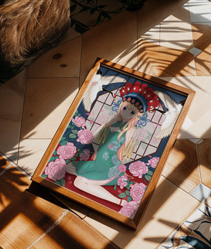 Chica anime elegante con atuendo tradicional y detalles florales y de grulla