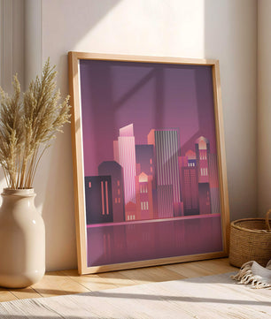 Modern Abstract Cityscape at Sunset with Reflective Water - Mi tienda
