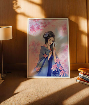 Ilustración elegante de una geisha con kimono azul y hojas rosadas