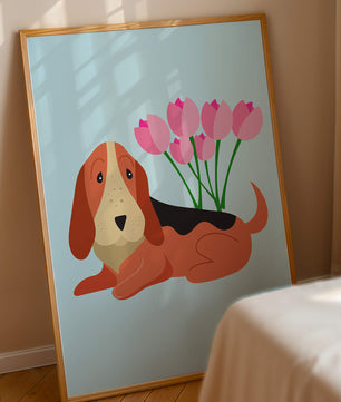 Illustration eines Basset Hound mit rosa Blumen auf hellblauem Hintergrund