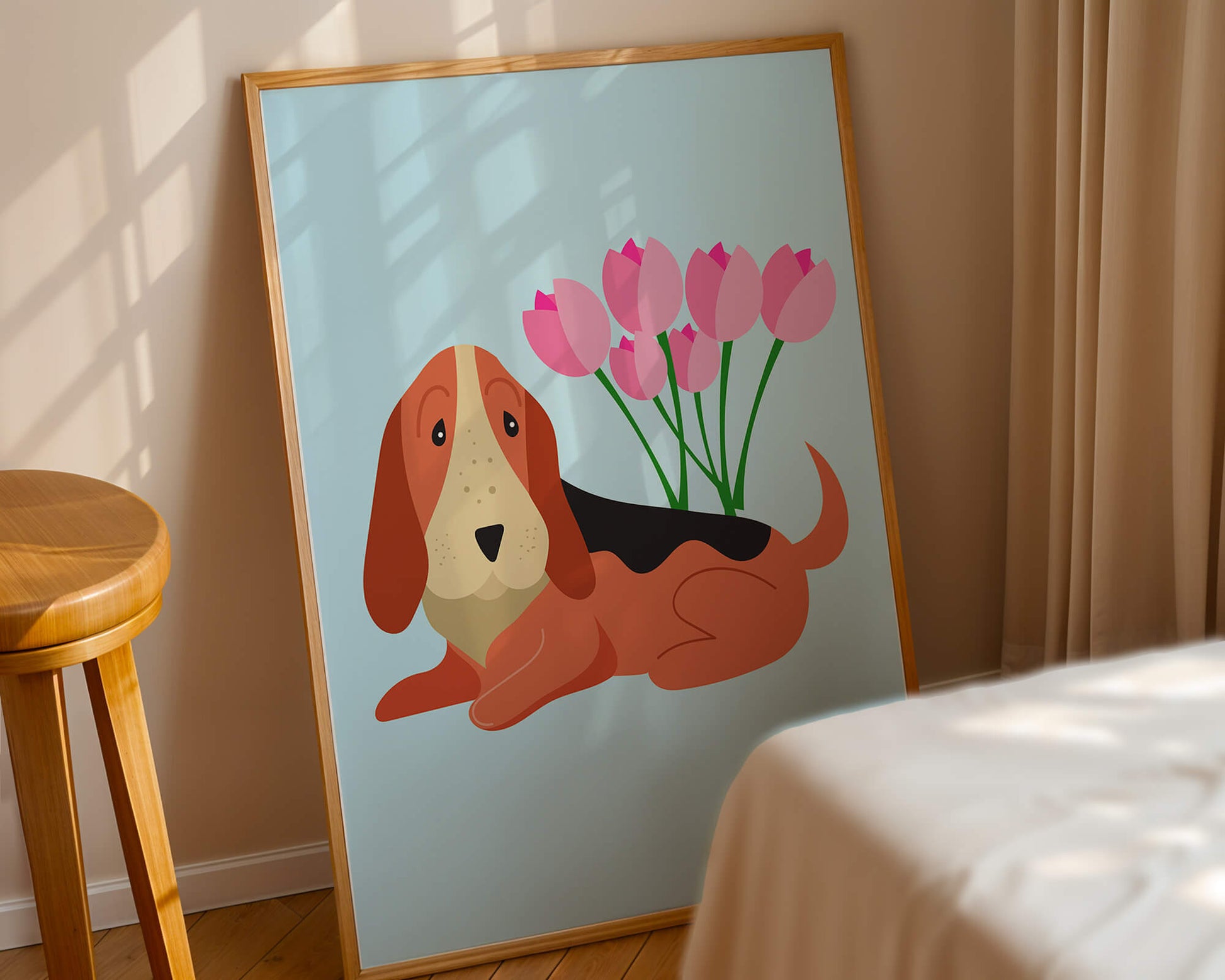 Illustration eines Basset Hound mit rosa Blumen auf hellblauem Hintergrund