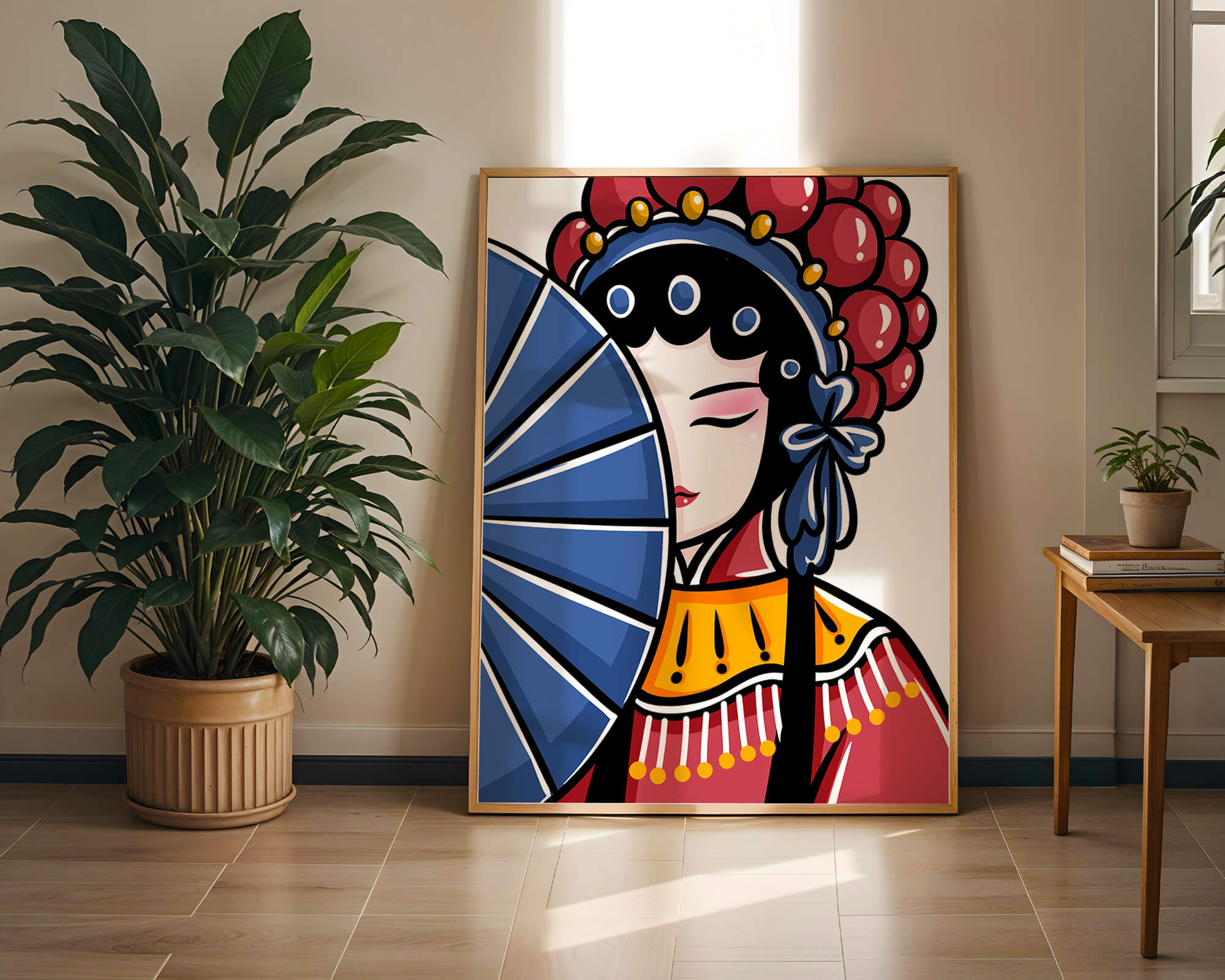 Traditional Asian opera character with fan and decorative headpiece