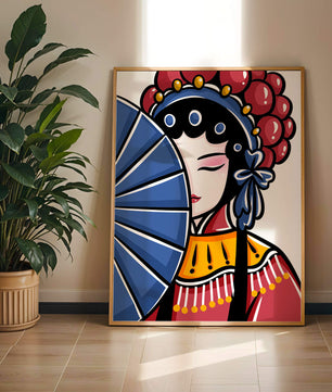 Traditional Asian opera character with fan and decorative headpiece